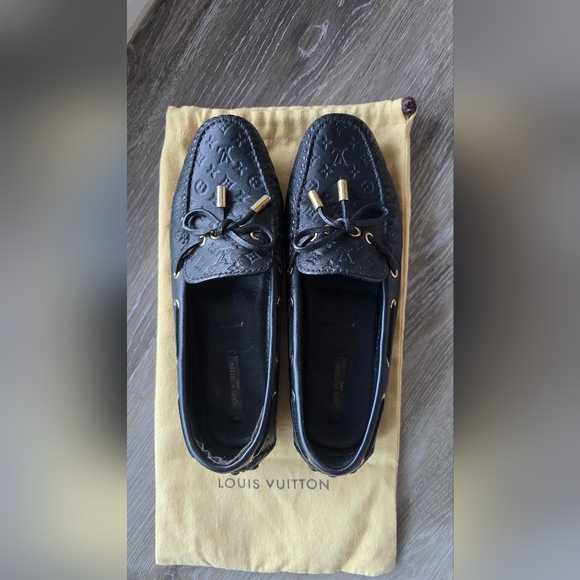 Louis Vuitton Shoes - Louis Vuitton Embossed Black Loafers with Gold Details
